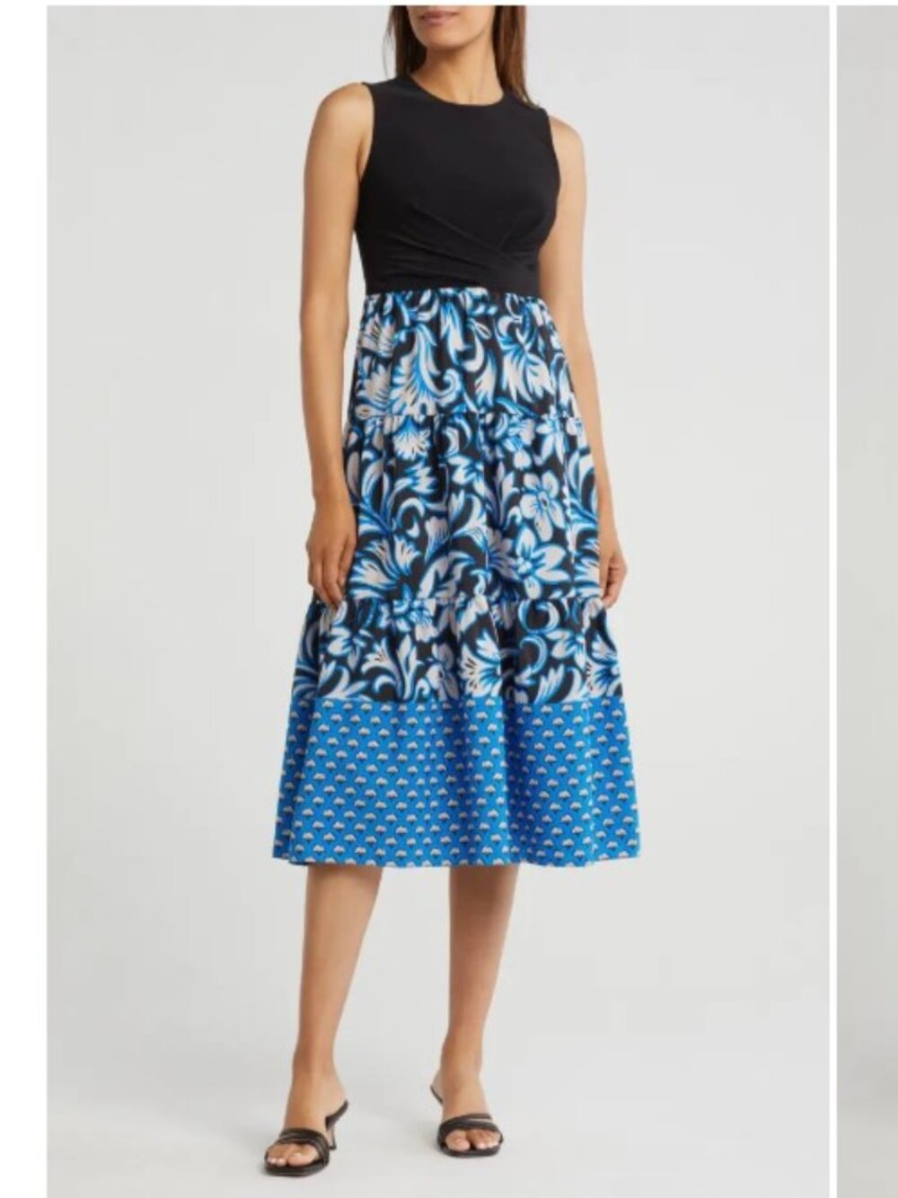 Vince Camuto Sleeveless Black Bodice Blue & White Print Midi Dress Size 10